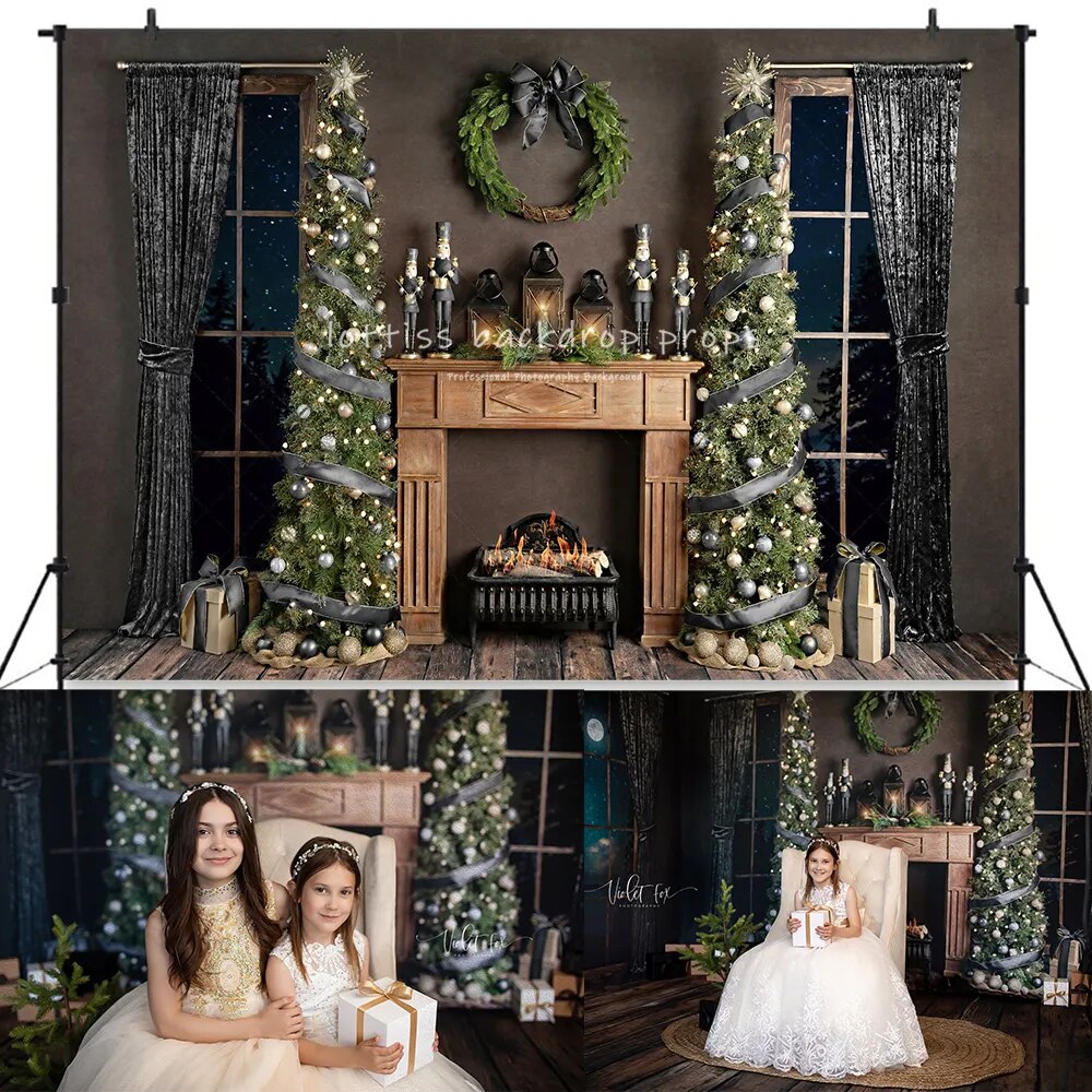 Cheerful Festivity Xmas Fireplace Backdrops Adult Portrait Kids Girl Photocall Toy Horse Window Living Room Background