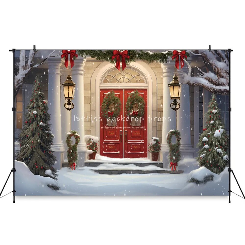 Christmas Snowy House Front Backdrops Kids Adult Photography Props Child Baby Photocall Decors Snowflake Barn Door Background