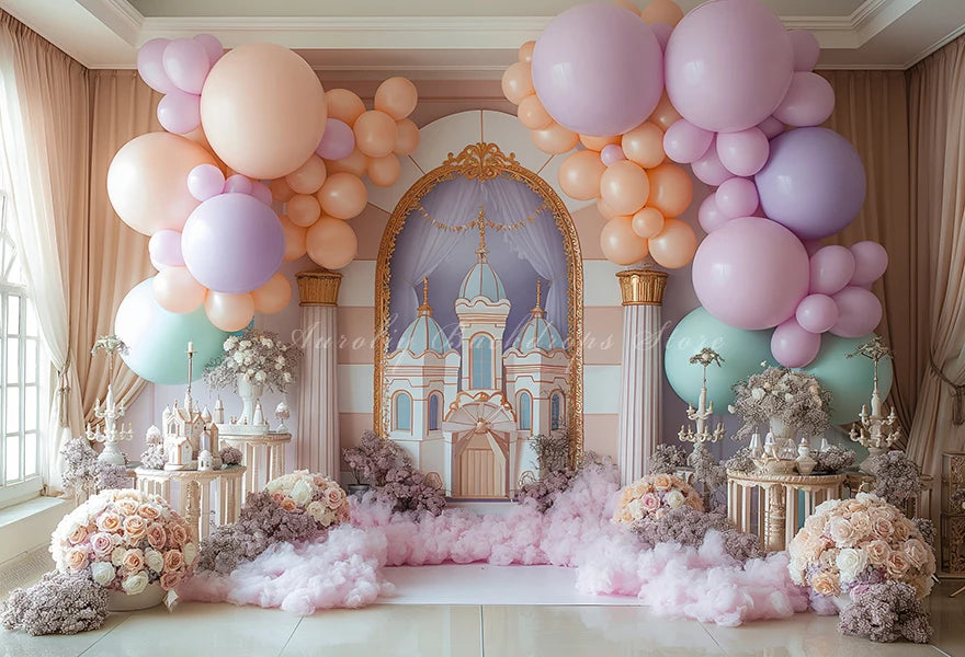 Cute Castle Balloons and Floral Backdrop Kids Baby Cake Smash Photography Props Child Girls Adult Birthday Studio Backgrounds