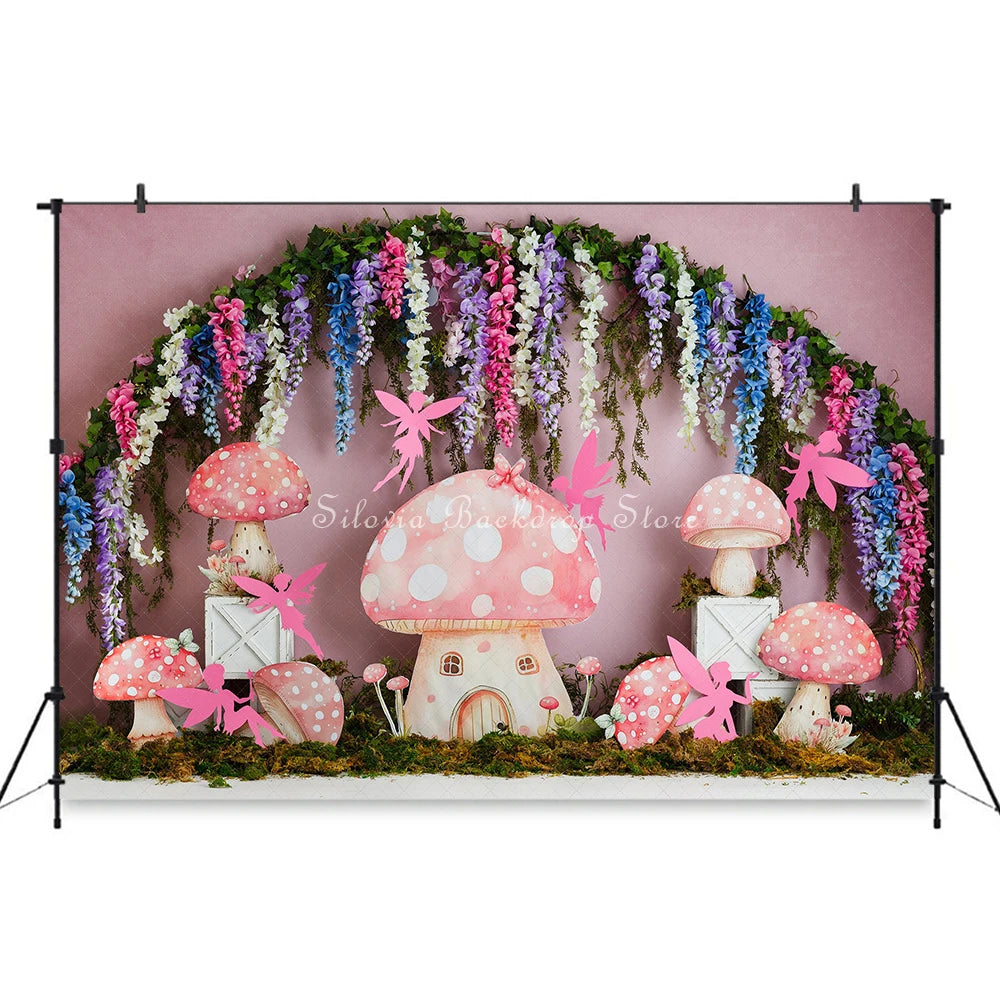 Fairy Archway Photo Background Princess Birthday Cake Smash Photography Backdrop Cute Pink Mushroom House Photo Studio Props