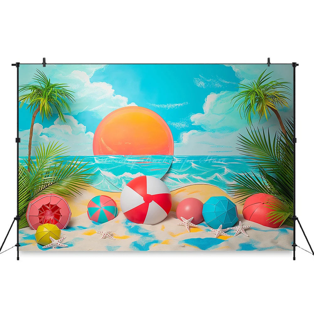 Summer Plam Trees Backdrop Sunset Kids Baby Cake Smash Photography Props Seaside Child Adult Happy Holiday Studio Backgrounds