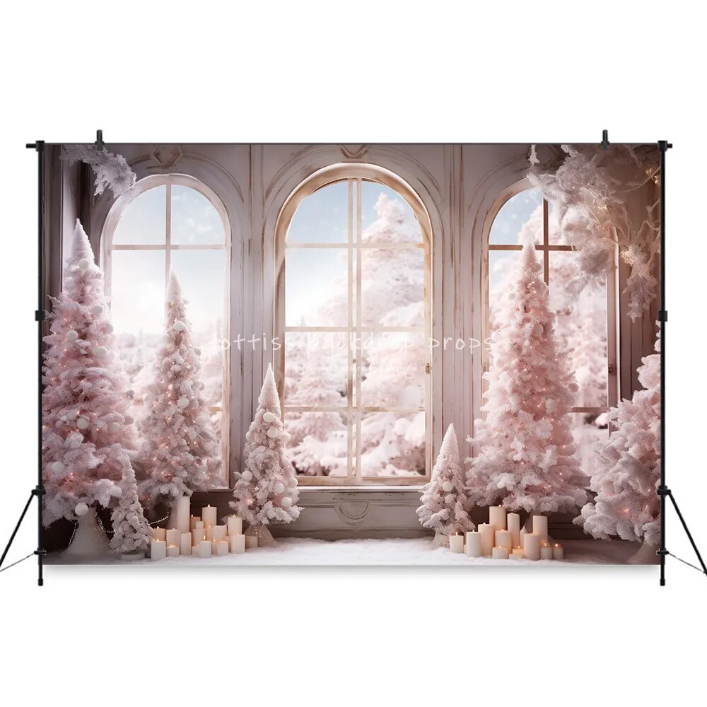 Arrière-plan de fenêtres de noël, accessoires de photographie pour enfants et adultes, décors de séance photo pour enfants et bébés, arrière-plan d'arbres de noël roses 