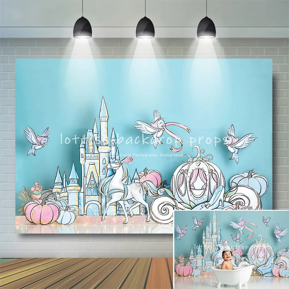 Cendrillon château anniversaire photographie toile de fond dessin animé enfants fille gâteau Smash accessoires citrouille voiture décor bébé douche fond 