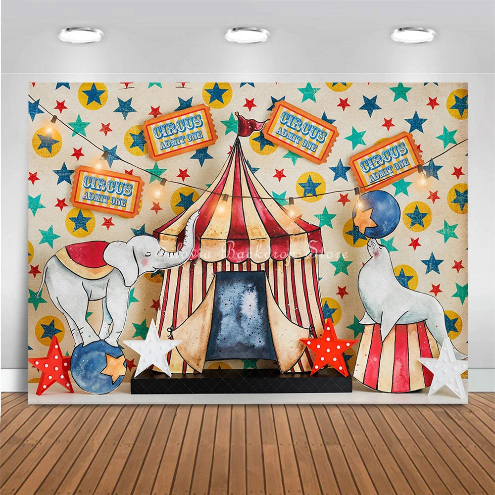 Circus Admit One Photography Backdrop Birthday Cake Smash Photo Background Red White Striped Tent Elephant Photo Studio Props