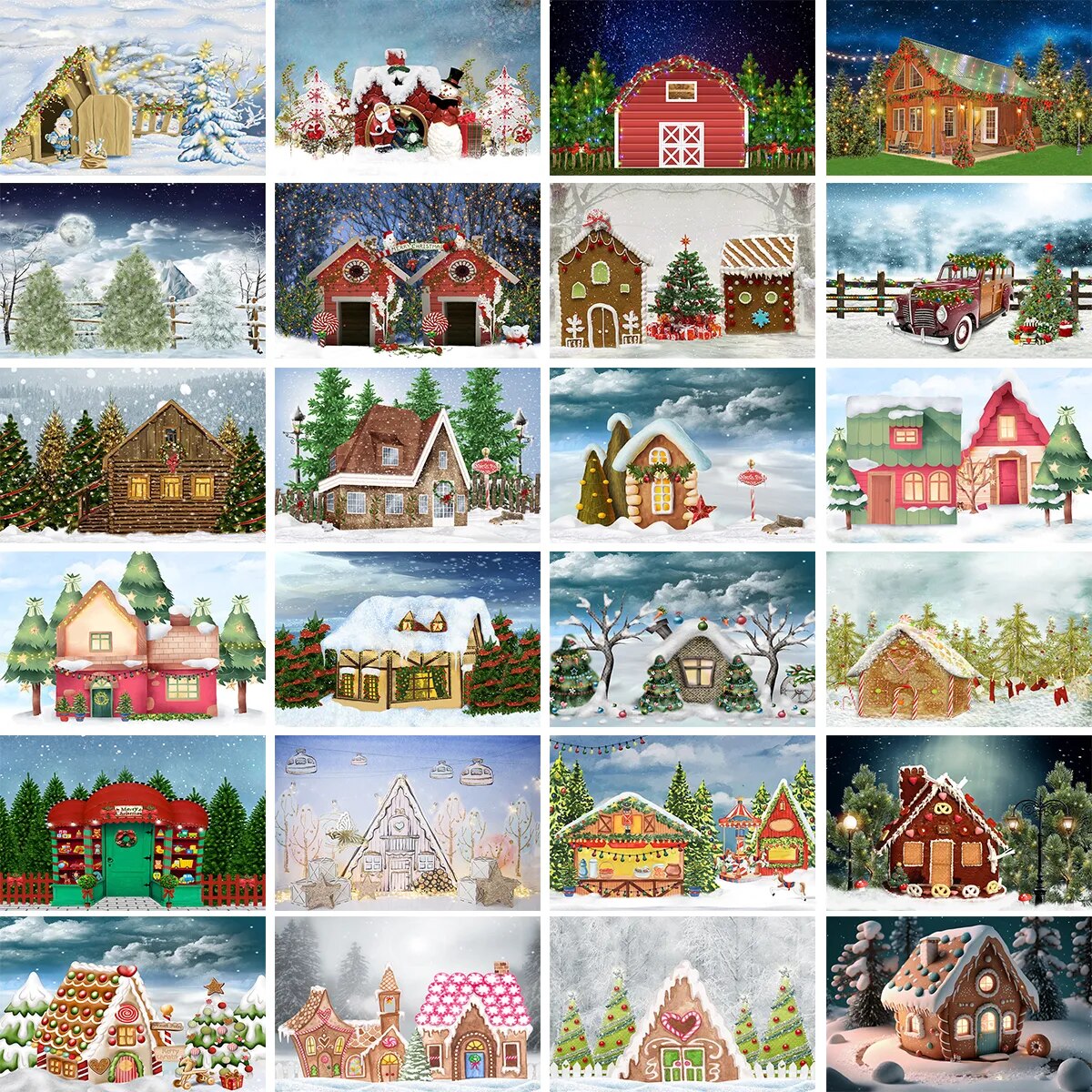 Arrière-plan de maison d'hiver, champ de neige, forêt, noël, arbre du père noël, ferme, enfants Bbay, Portrait de famille, arrière-plan pour photographie