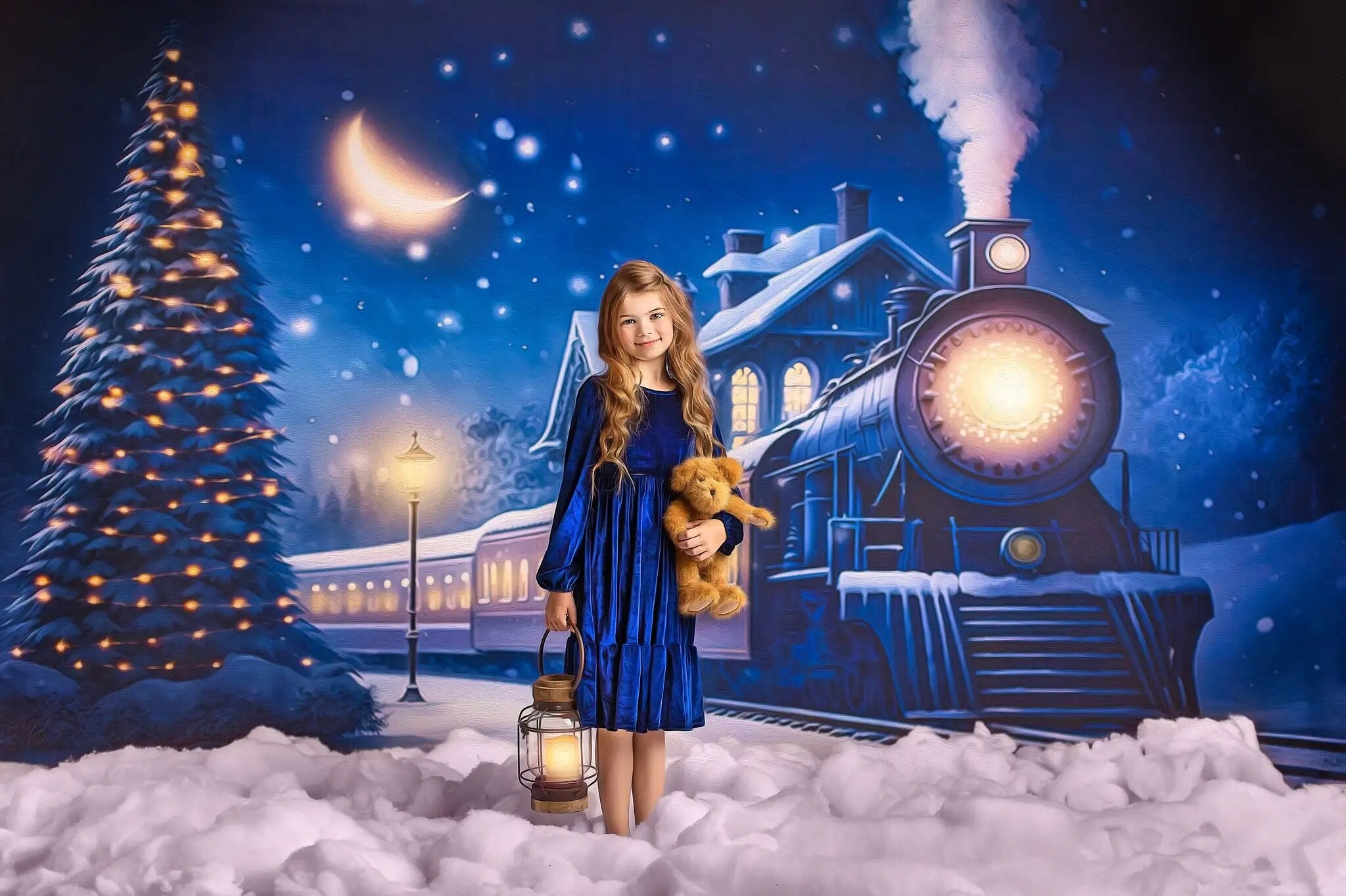 Prendre le Train de minuit arrière-plan enfants photographie noël bébé adulte Photocall enfant enneigé fond de noël 