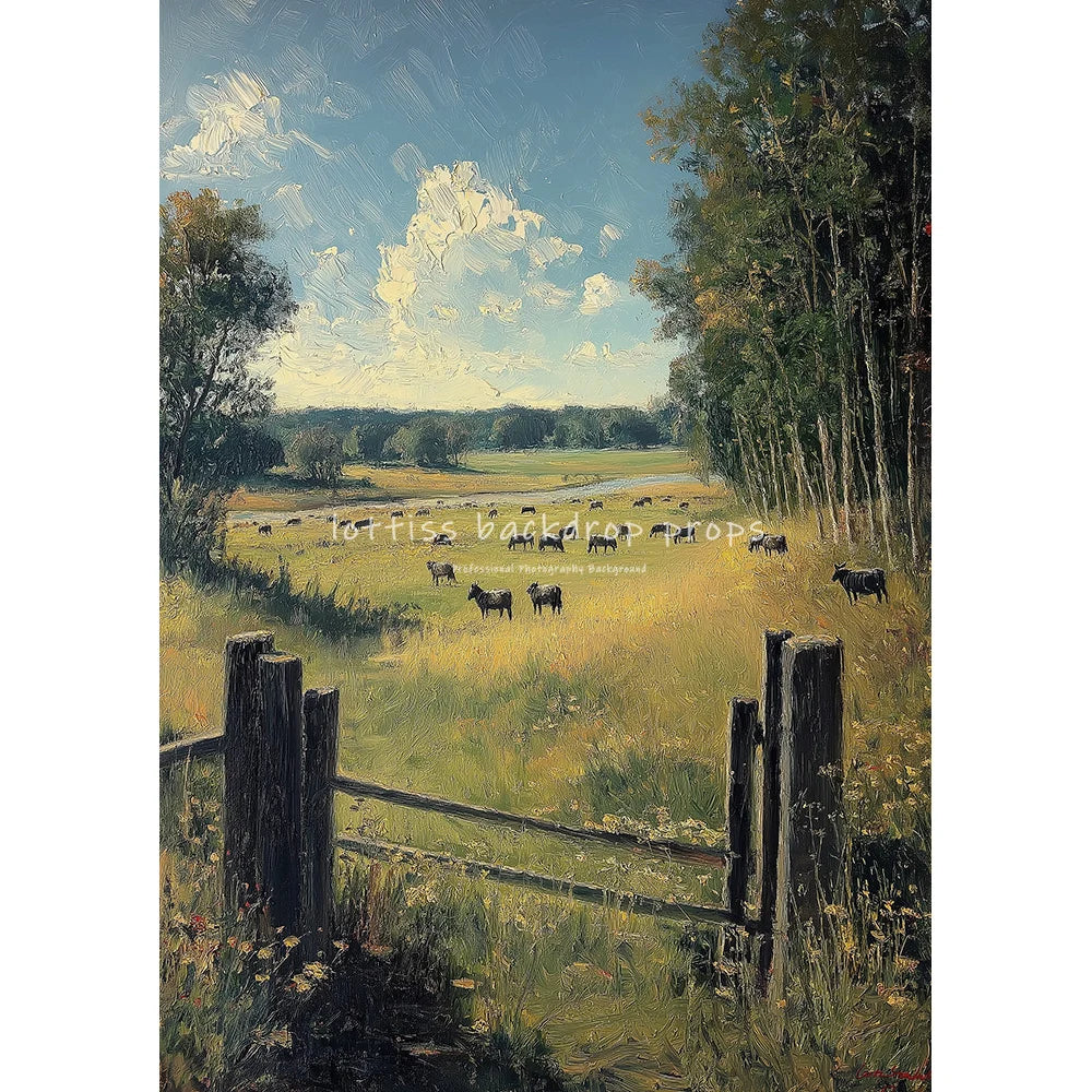 Village Cows Farm River Scenery Oil Painting Photography Backdrops Wedding Kids Adult Photocall Sunset Countryside Backgrounds