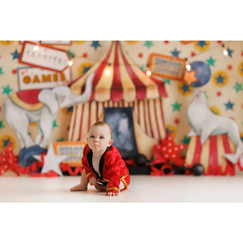 Circus Admit One Photography Backdrop Birthday Cake Smash Photo Background Red White Striped Tent Elephant Photo Studio Props