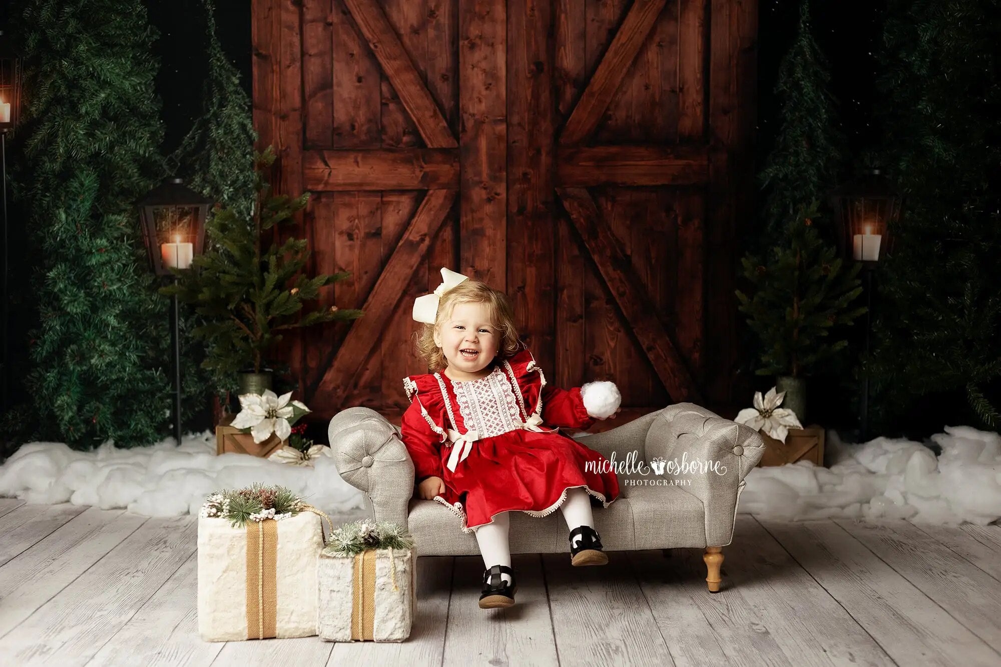 Soirée enneigée hiver porte de grange arrière-plan enfants photographie enfant bébé Photocall accessoires noël bois neige forêt fond 