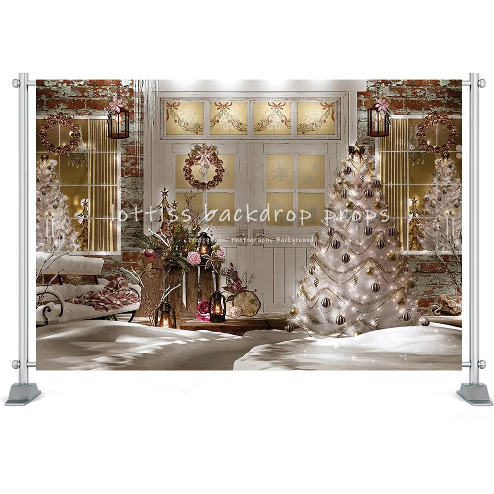 Christmas Winter Street House Photography Backdrop Toy Tree Cart Wreath Kids Birthday Portrait Background Photo Studio