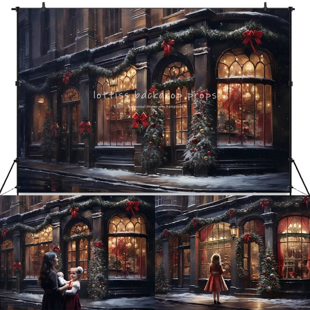 Christmas Street Backdrops Kids Baby Photography Props Child Adult Photocall Decors Snowy Xmas Store Front Background