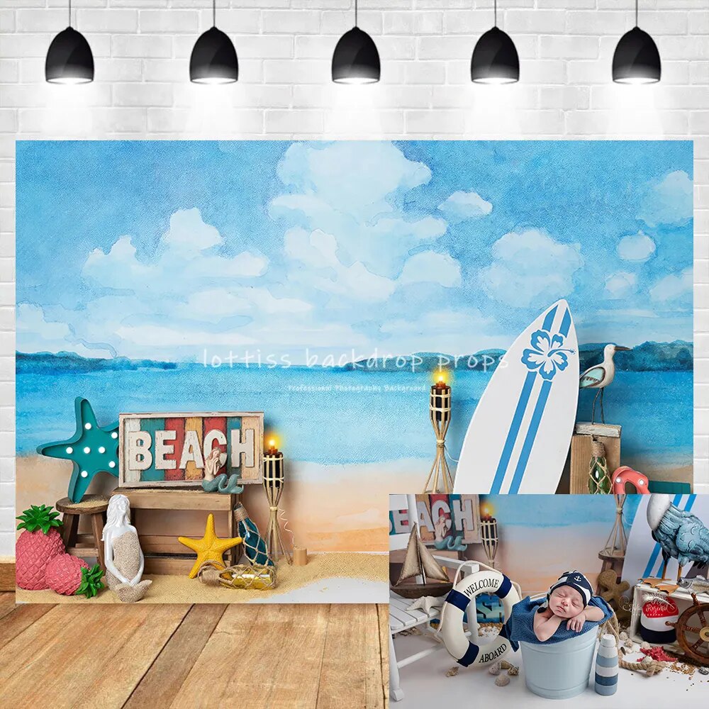 Beach Life Photography Backdrops Summer Adult Kids Cake Smash Photocall Props Surfboard Mermaid Flamingo Seaside Background