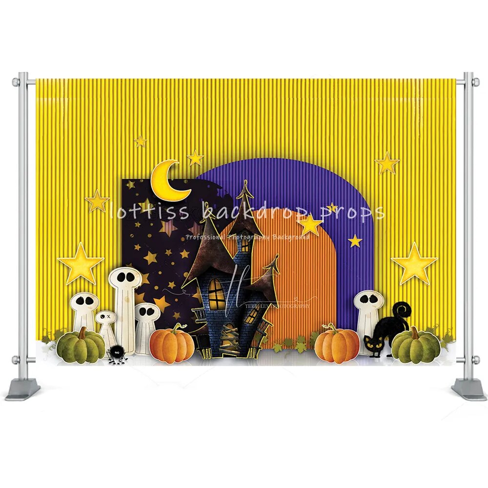 Arrière-plan de maison d'halloween, château, forêt, lune, pierre tombale, décor de Festival, lanterne de citrouille, accessoires de Studio Photo