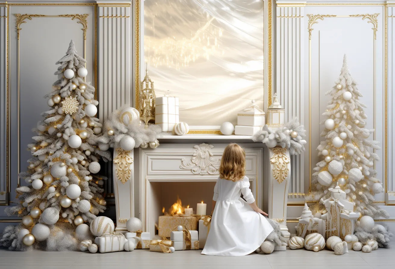 Christmas Silver Fireplace Backdrops Kids Adult Photography Props Child Baby Photocall Wreath Xmas Trees Living Room Background