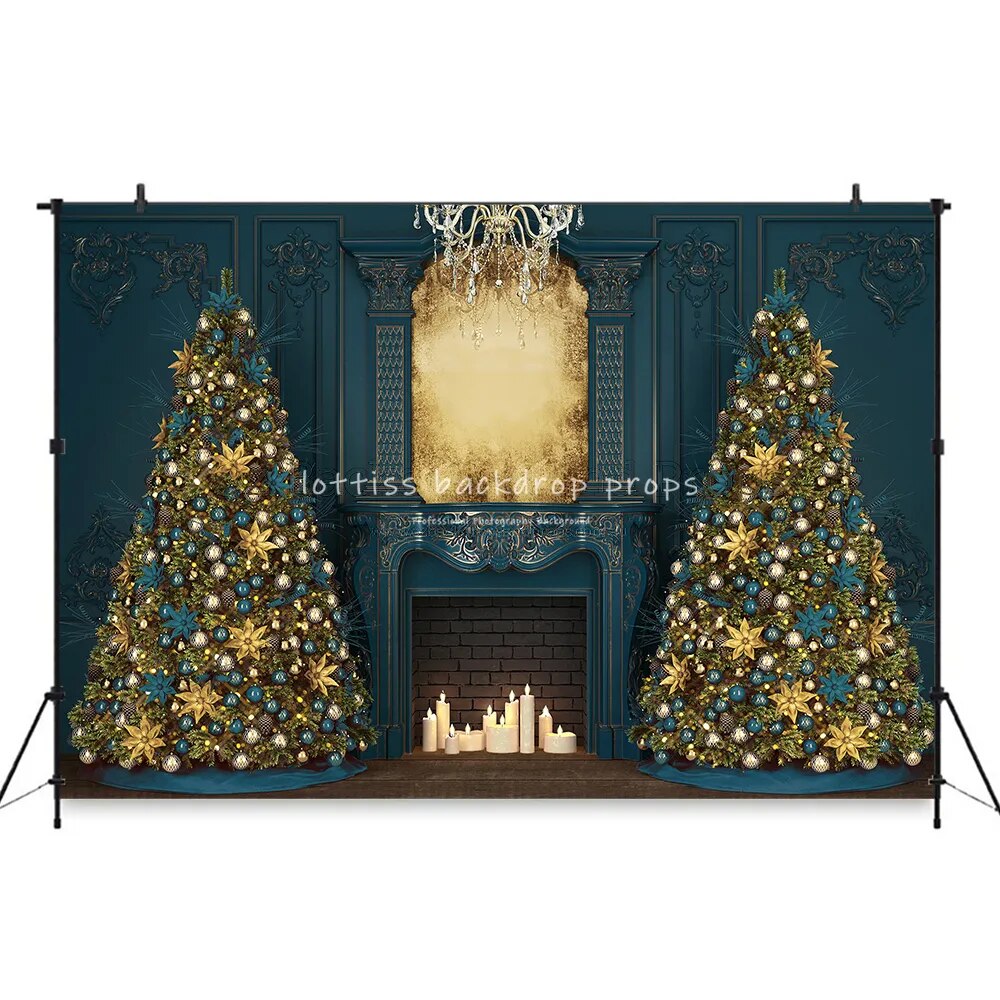 Retro Gorgeous Xmas Fireplace Backdrops Adult Children Portrait Wooden Floor Christmas Trees Background Baby Girl Photostudio