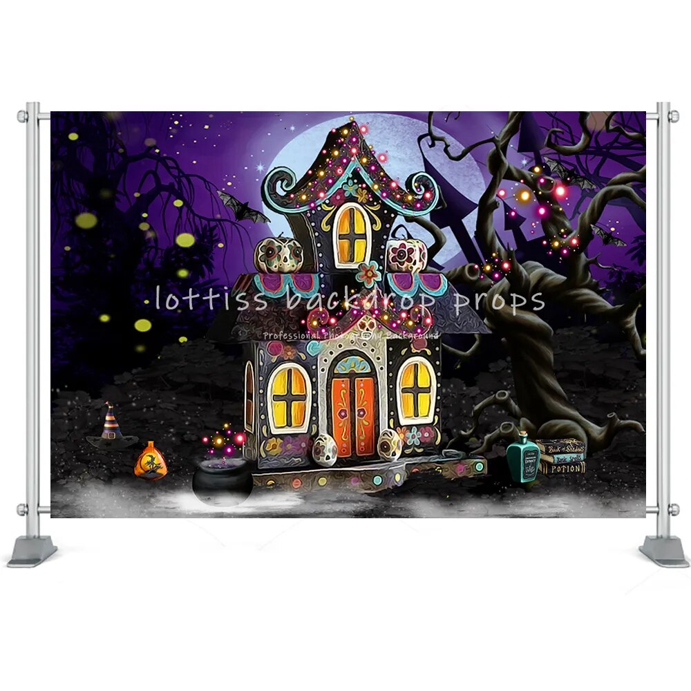 Arrière-plan de maison d'halloween, château, forêt, lune, pierre tombale, décor de Festival, lanterne de citrouille, accessoires de Studio Photo