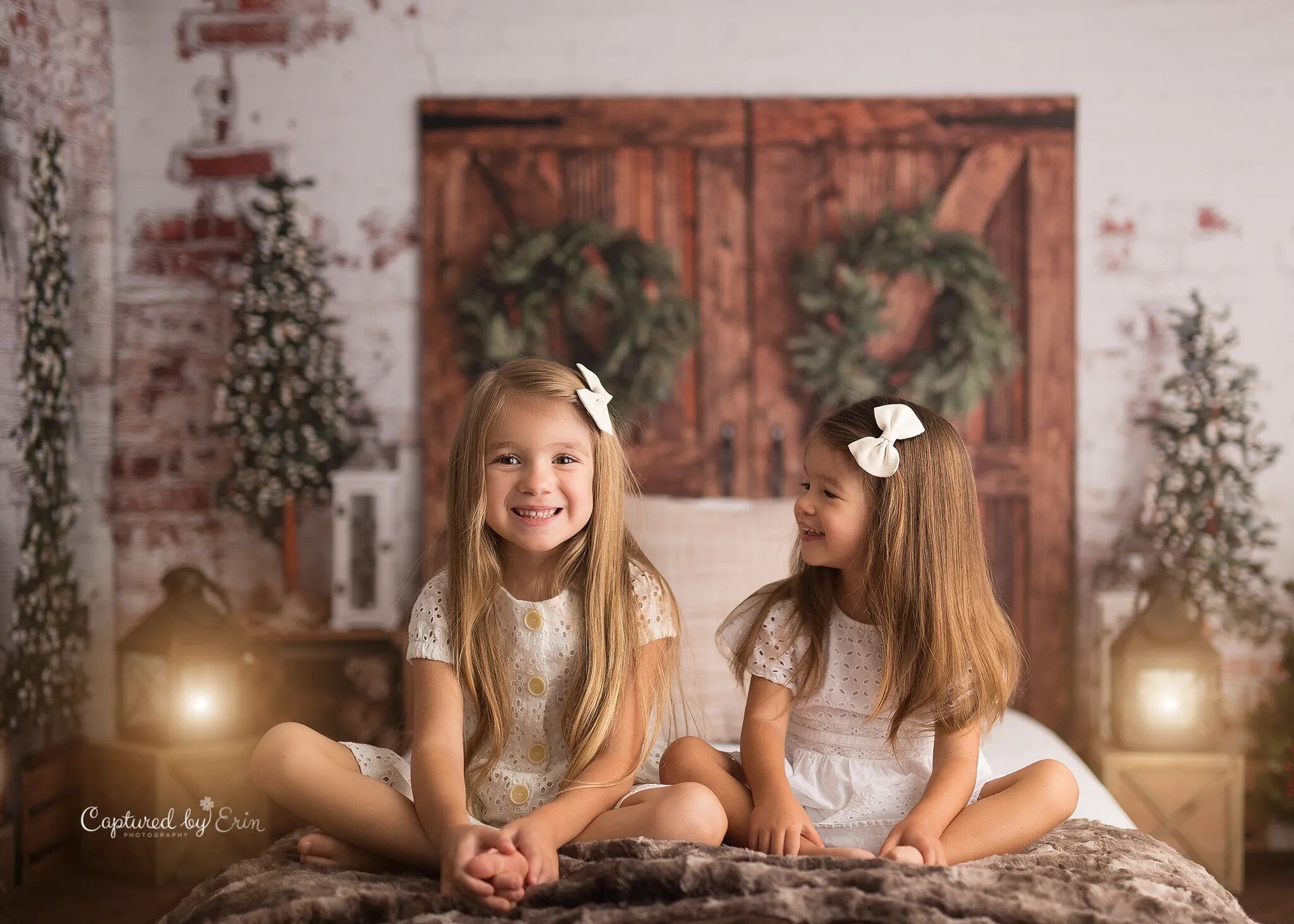 Arrière-plan de tête de lit de noël pour filles, photographie de Portrait d'enfants, arbres de noël, porte de grange, lit, planche de bois, arrière-plan pour studio photo 