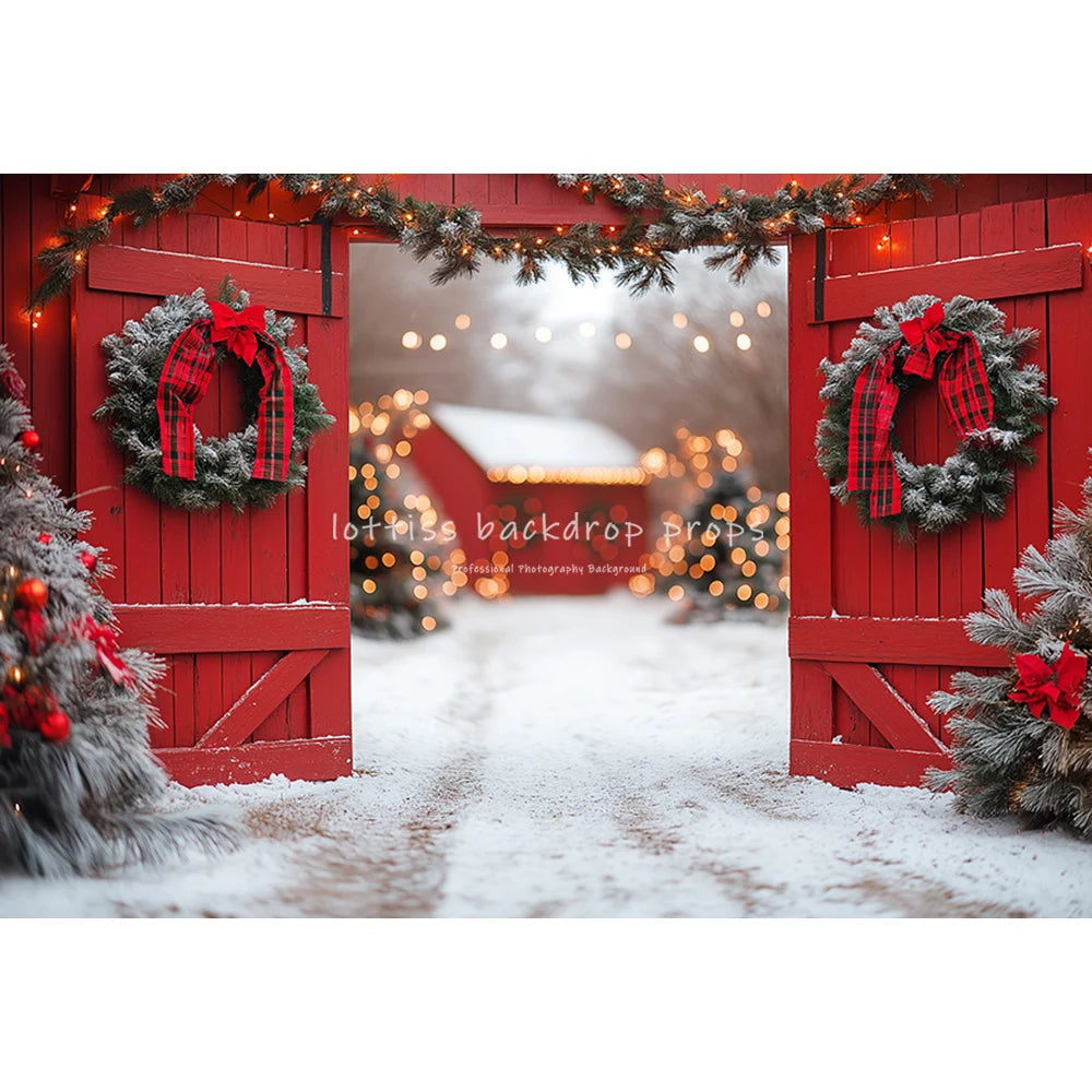 Red Wooden Barn Door Backdrops Kids Family Photography Child Baby Photocall Farm Xmas Trees Snowflake Wreath Cottage Backgrounds