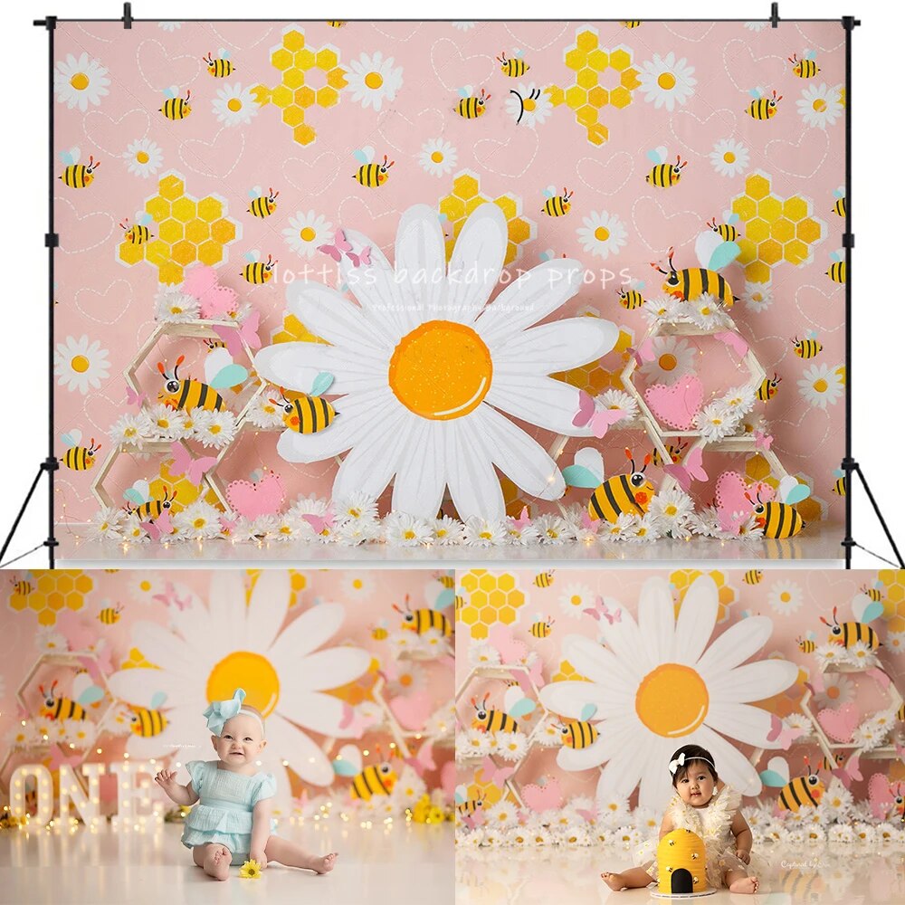 Garden Bee Backdrops Kids Baby Cake Smash Birthday Photorgaphy Props Child Adult Photocall Decors Floral Spring Background