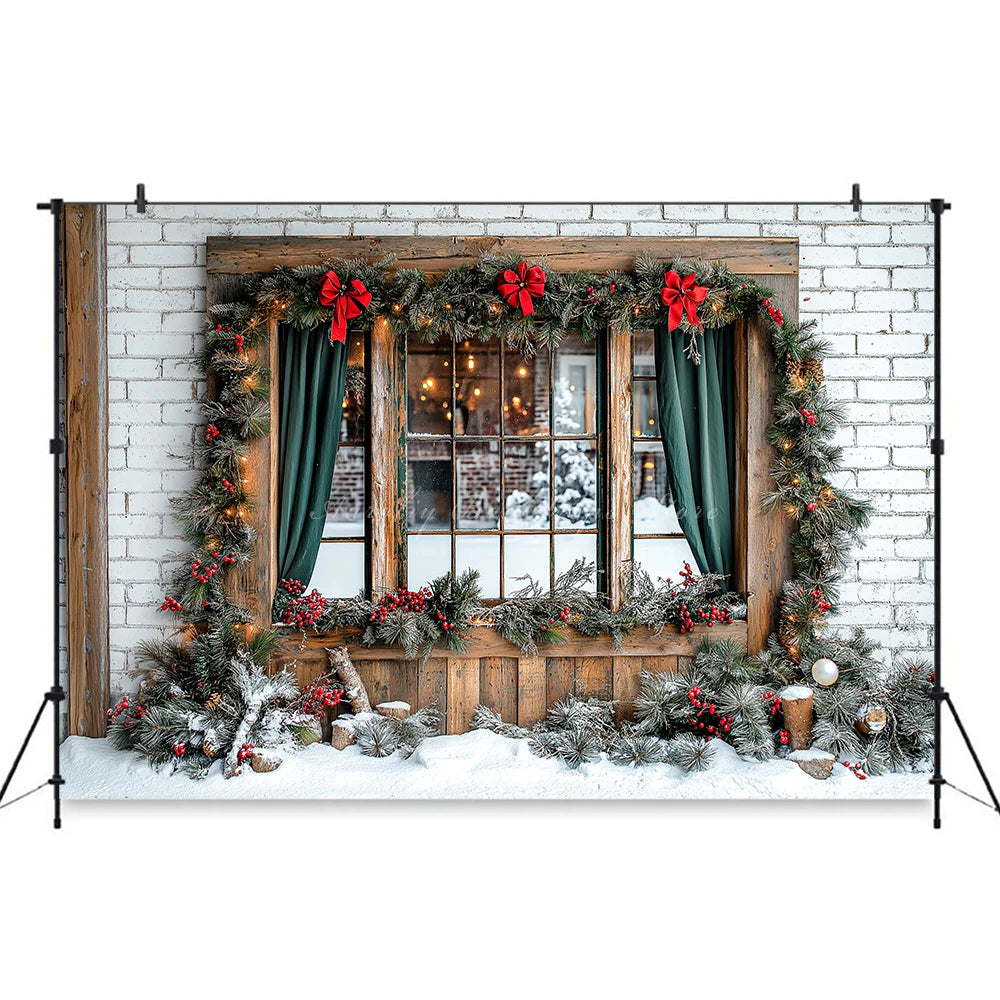 Large Window With Curtains Christmas Photo Backdrop Baby Kids Portrait Family Party Photocall Photograhy Background