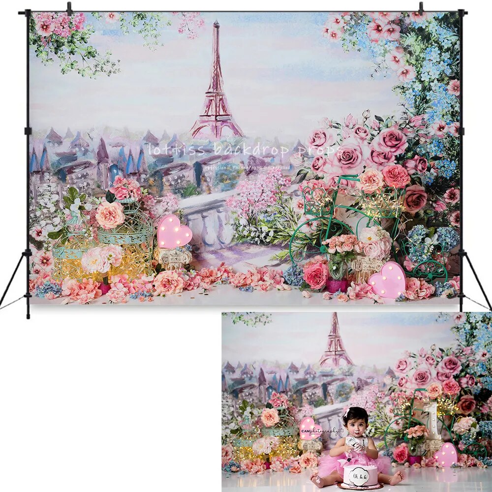 Paris Floral Backdrops Kids Baby Photocall Child Adult Birthday Cake Smash Decors Flower Eiffel Tower Rose Background