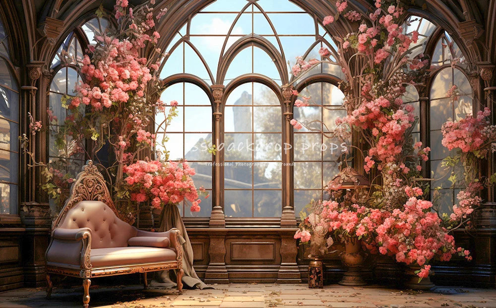 Castle Windows Backdrops Kids Gril Photography Props Child Adult Photocall Decors Spring Floral Garden Backgrounds