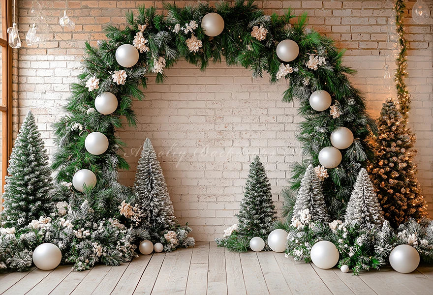 White Arch With Green Christmas Garland Photography Backdrop Kids Baby Cake Smash Birthday Photocall Decors Studio Backgrounds