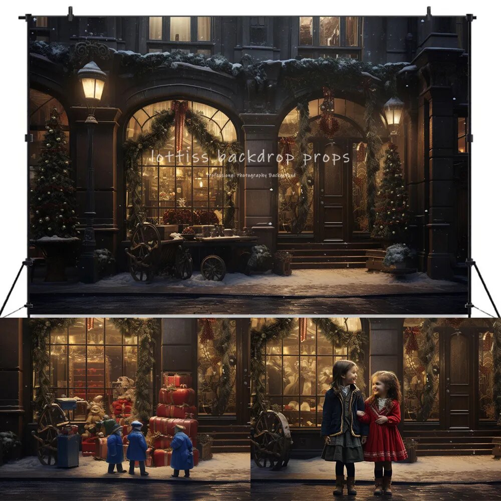 Xmas Store Front Street Backdrops Kids Baby Photography Props Child Adult Photocall Decors Christmas Toy Store Street Background