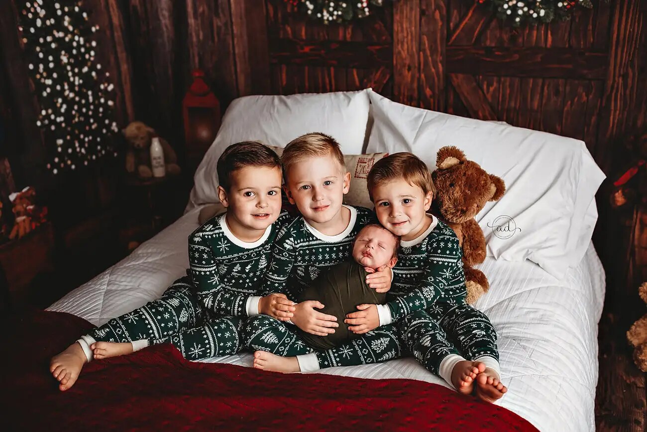 Arrière-plan de tête de lit de noël, accessoires de photographie pour enfants et bébés, accessoires de séance photo pour enfants et adultes, arrière-plan avant de grange en bois de noël 