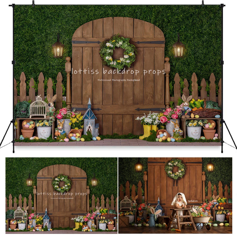 Easter Garden Gate Backdrops Bunny Spring Wall Kids Baby Photography Child Adult Photocall Decors Backgrounds