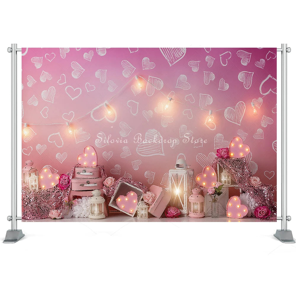 Pink Heart Sparkle Wall Photography Backdrop Girls Birthday Cake Smash Photo Background Cloth Kids Portrait Photo Studio Props