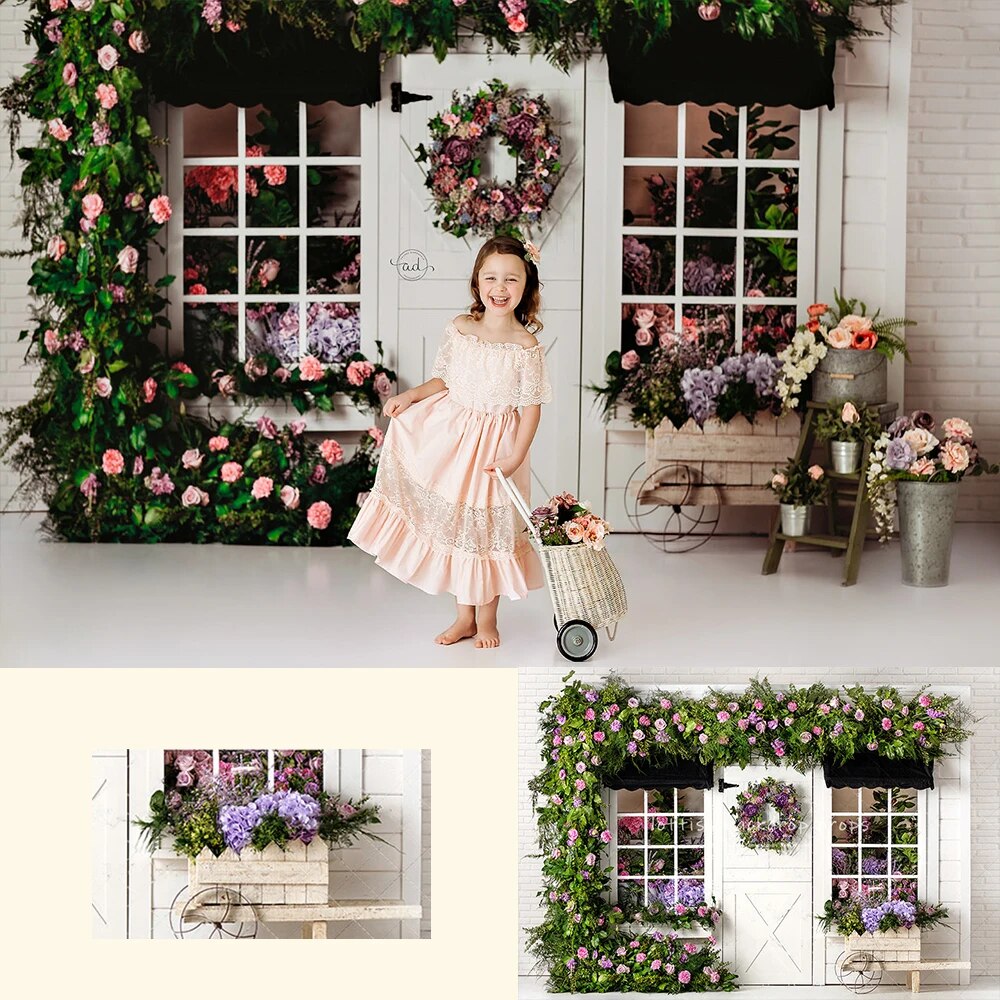 Spring Flower Store Backdrops Kids Baby Photography Props Child Adult Photocall Props Wood Door Floral Cart Background