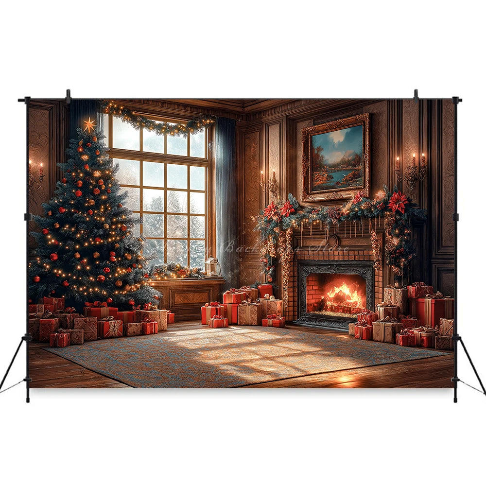 Elegant Christmas Fireplace Scene With Toy Bear Backdrop Kids Baby Cake Smash Photography Props Studio Backgrounds