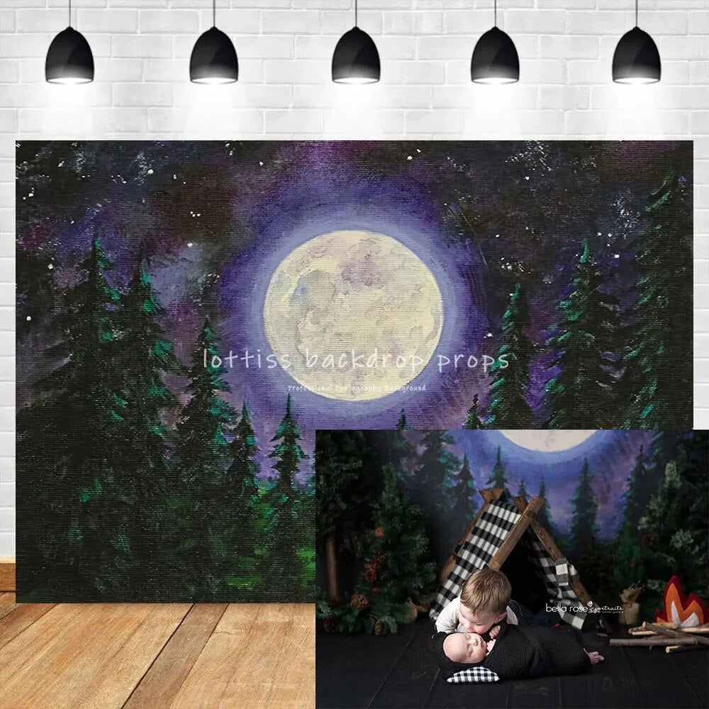 Arrière-plan de forêt grande lune pour enfants, arrière-plan de photographie de gâteau Smash, arbre d'anniversaire, nuit, accessoires de fête pour enfants, studio photo 