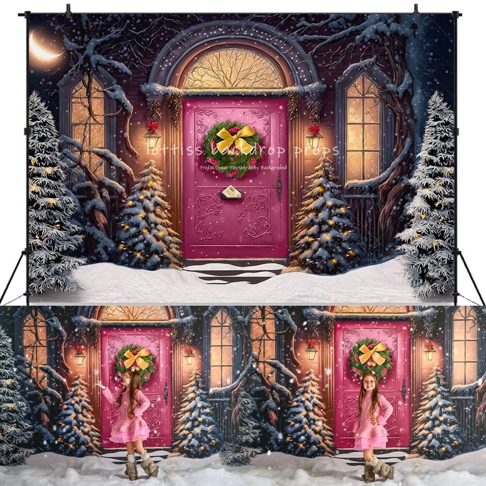 Magical Holiday Porch Backdrops Kids Baby Photography Props Child Adult Photocall Christmas Red House Door Front Background