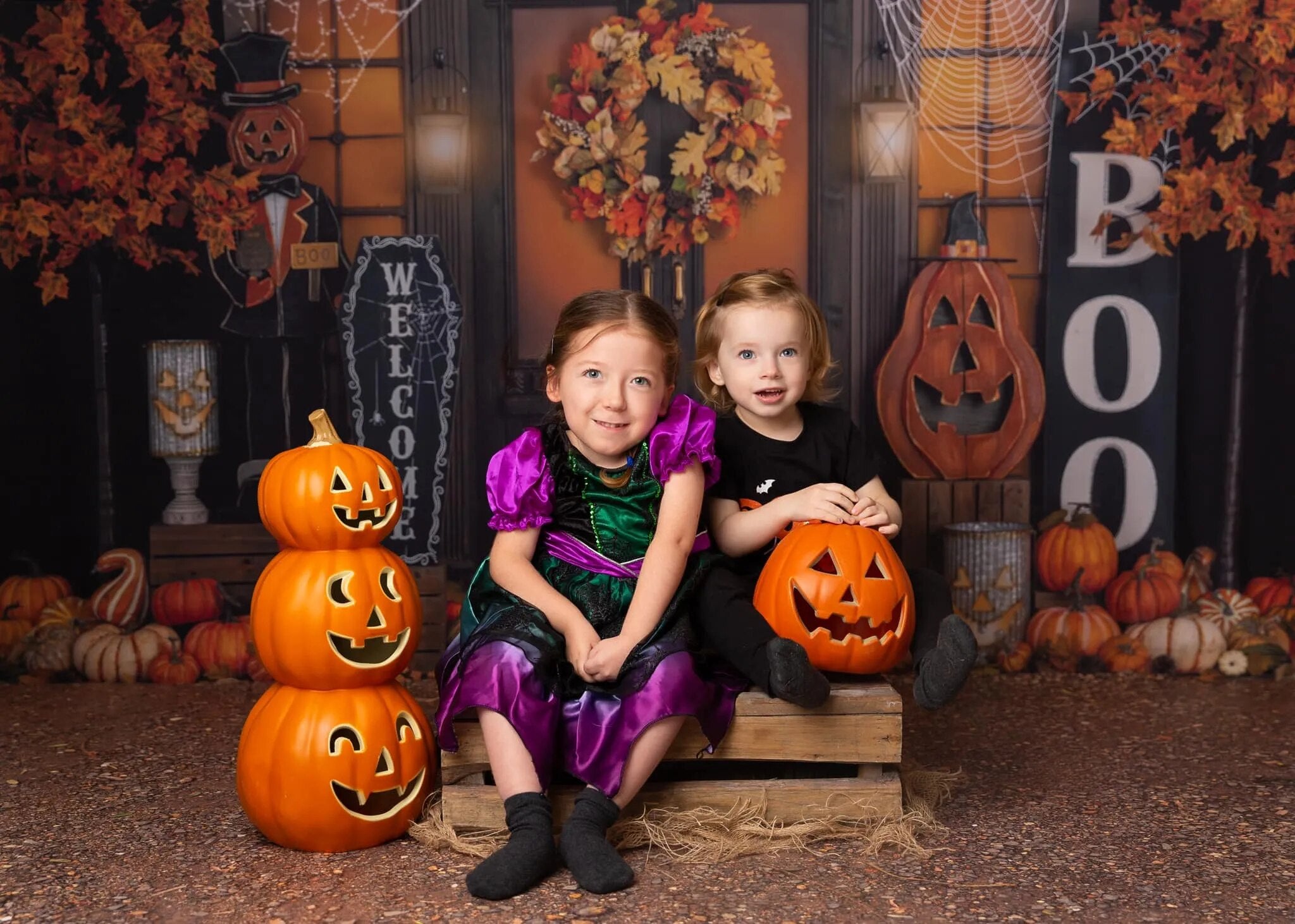 Arrière-plan de porte avant d'halloween, photographie d'enfants et d'adultes, lanterne de citrouille d'anniversaire de bébé, arrière-plan de Festival d'arbres d'automne 