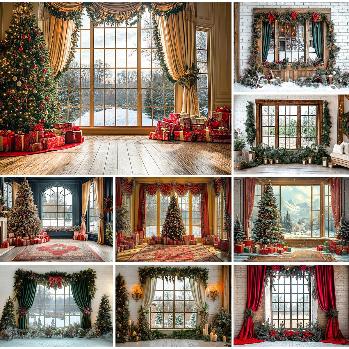 Large Window With Curtains Christmas Photo Backdrop Baby Kids Portrait Family Party Photocall Photograhy Background