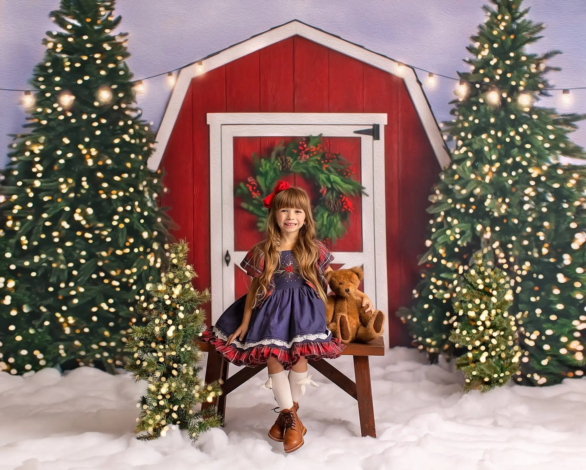 Christmas Snowy Tree Farm Photography Backdrop Red Barn in the Forest Kids Baby Cake Smash Photocall Decors Family Party Props