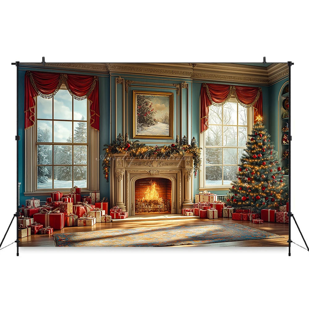 Elegant Christmas Fireplace Scene With Toy Bear Backdrop Kids Baby Cake Smash Photography Props Studio Backgrounds