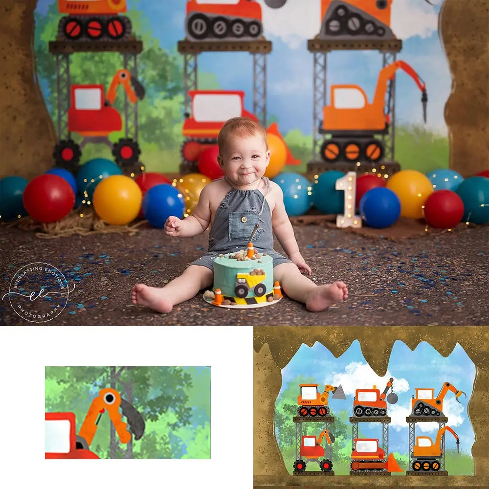 Little Digger Photo Backdrop Kids Baby Cake Smash Photography Props Excavator Child Boys Adult Birthday Studio Backgrounds