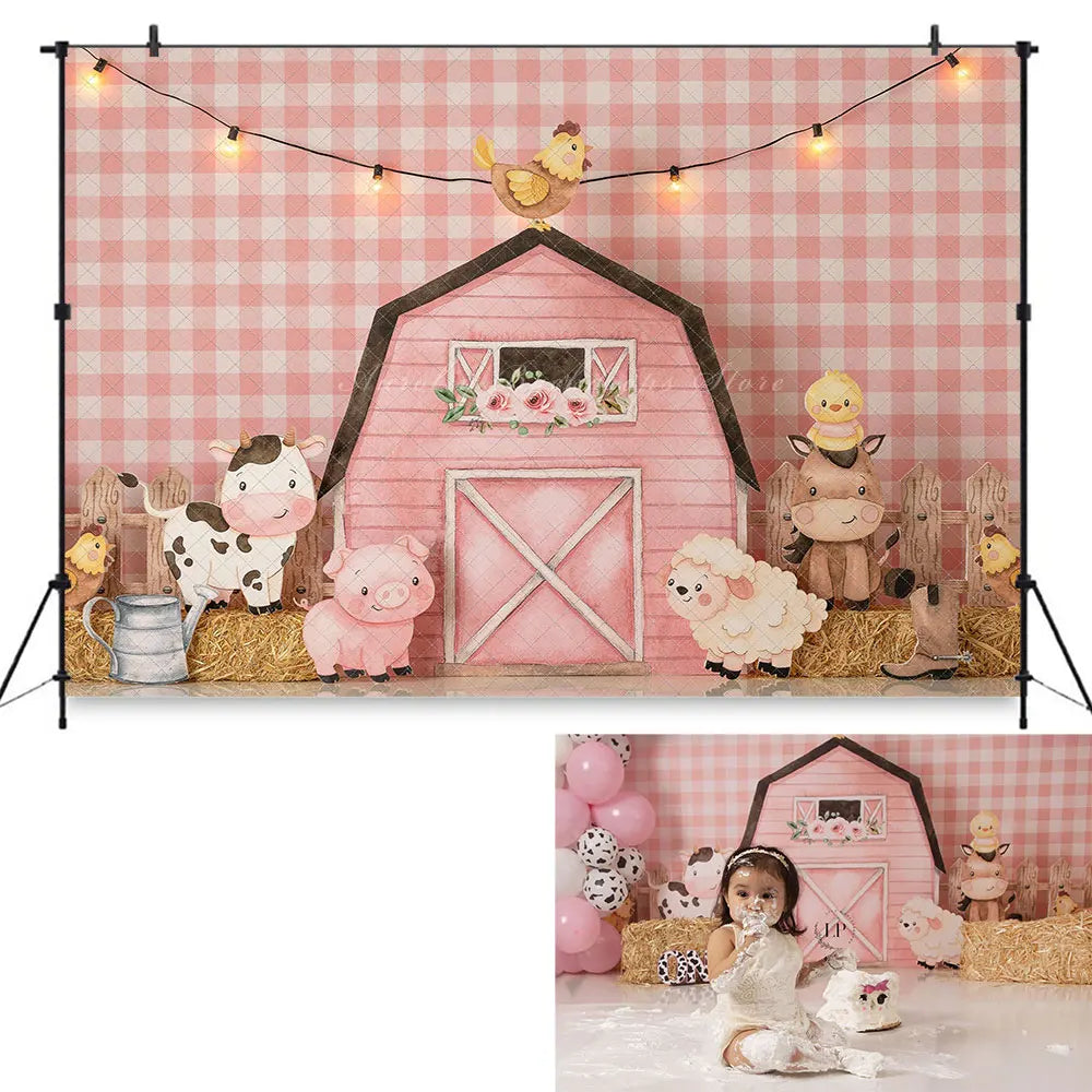 Farm Backdrop Pink Barn Animasl Kids Baby 1st Birthday Photocall Decors Child Girls Cake Smash Photography Studio Backgrounds