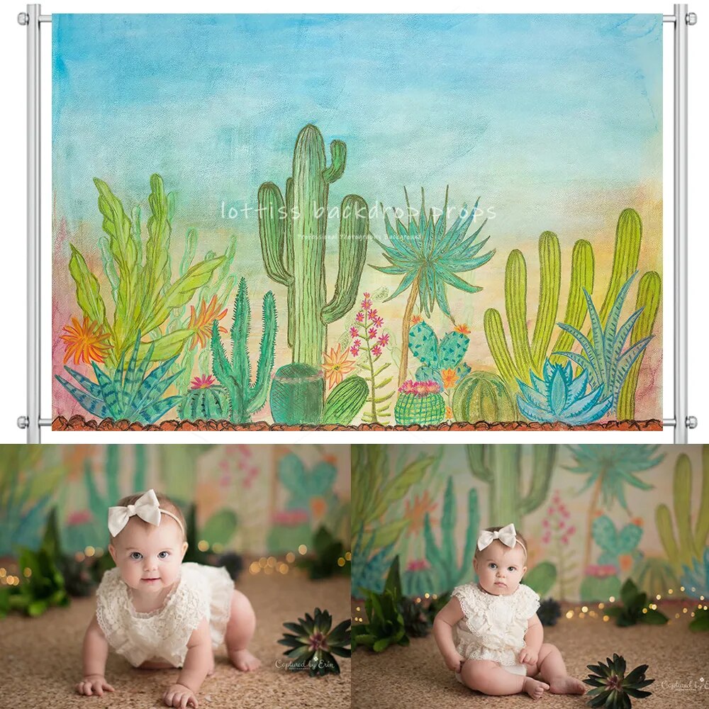 Blooming Cactus Backdrops Kids Cake Smash Props Summer Desert Mexio Children Baby Birthday Party Decor Background Photostudio