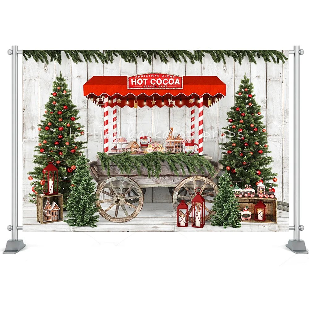 Christmas Winter Street House Photography Backdrop Toy Tree Cart Wreath Kids Birthday Portrait Background Photo Studio