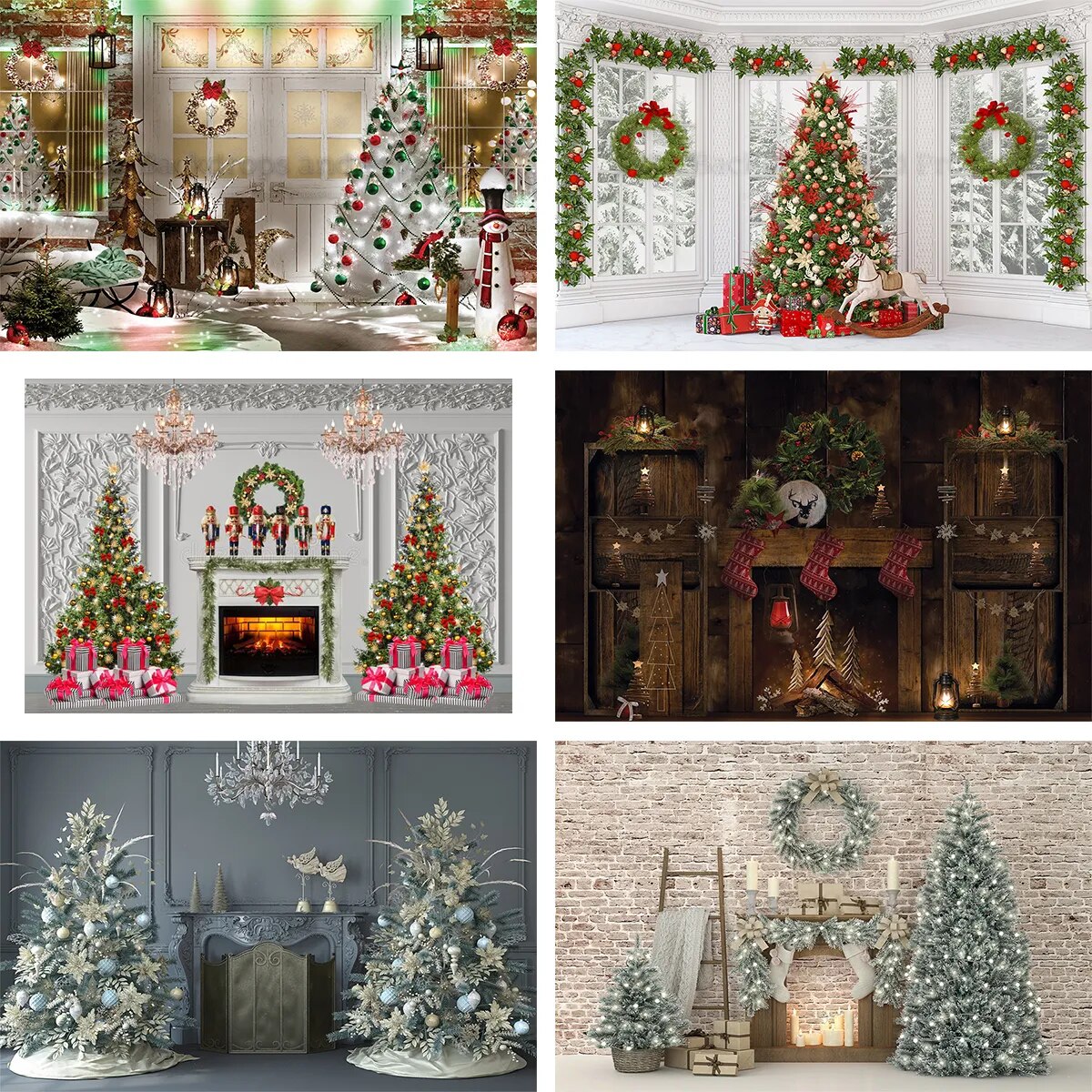 Christmas Background Winter Fireplace Xmas Tree Reindeer Toys Decor Family Baby Child Portrait Photography Backdrop Props