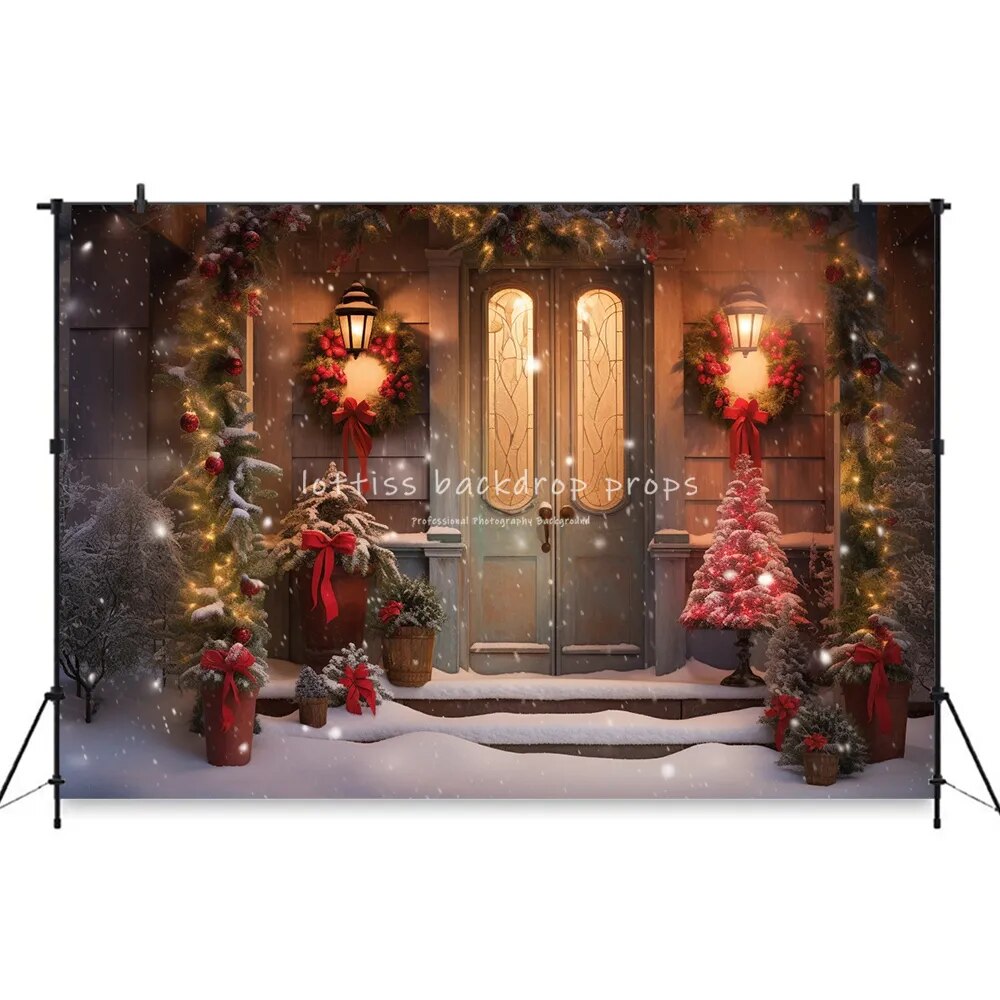 Christmas House Front Door Backdrops Kids Adult Photography Props Child Baby Photocall Decors Wooden Door Snowy Xmas Background