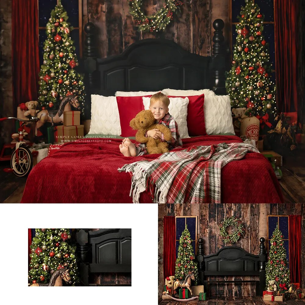 Christmas Headboard Backdrops Wooden Wall Trees Wreath For Kids Adult Portrait Baby Photography Xmas Living Room Background