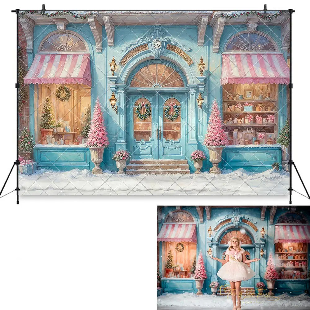 Winter Christmas Photography Backdrop Pink Blue Headboard Window Castle Studio Props Kids Baby Cake Smash Photocall Decors