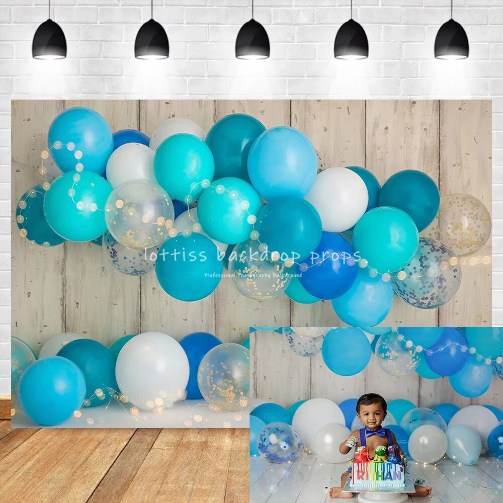 Blue Balloons Backdrops Boy Cake Smash Props Birthday Party Portrait Props Children Baby Balloon Wood Wall Background