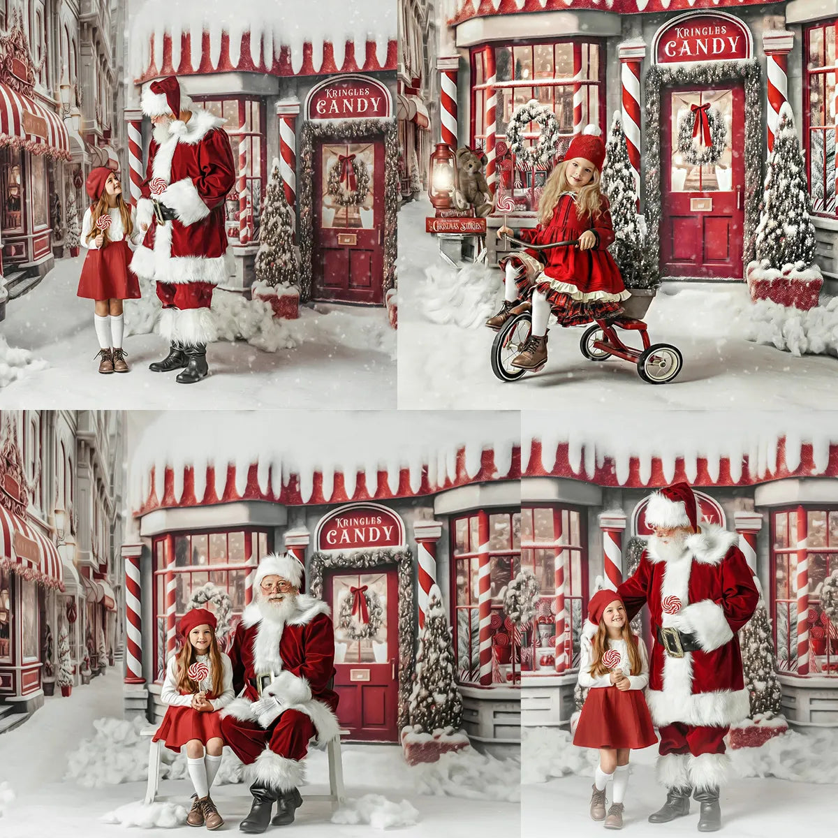 Kringles Candy Store Décors Noël Enfants Portrait Accessoires Enfant Bébé Photocall Photostudio Noël Santa Snowy Street Fond 