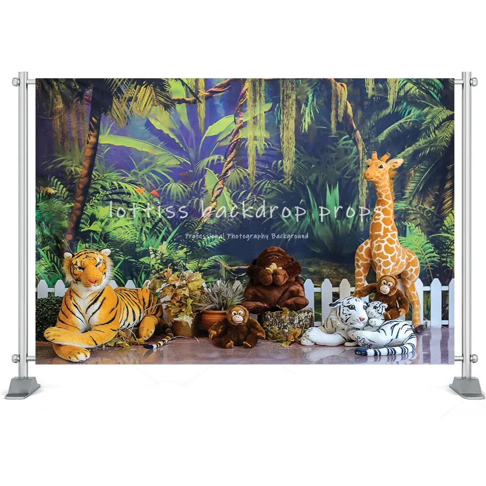 Safari fête anniversaire toile de fond photographie décoration bébé sauvage Jungle animaux fête gâteau Smash décoration toile de fond Photo Studio 